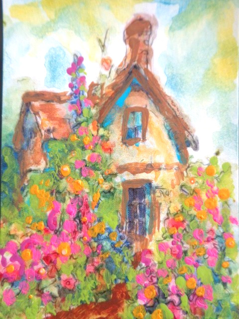ACEO Colorful COTTAGE HOUSE FLOWER GARDEN Landscape Impressionism Painting ART