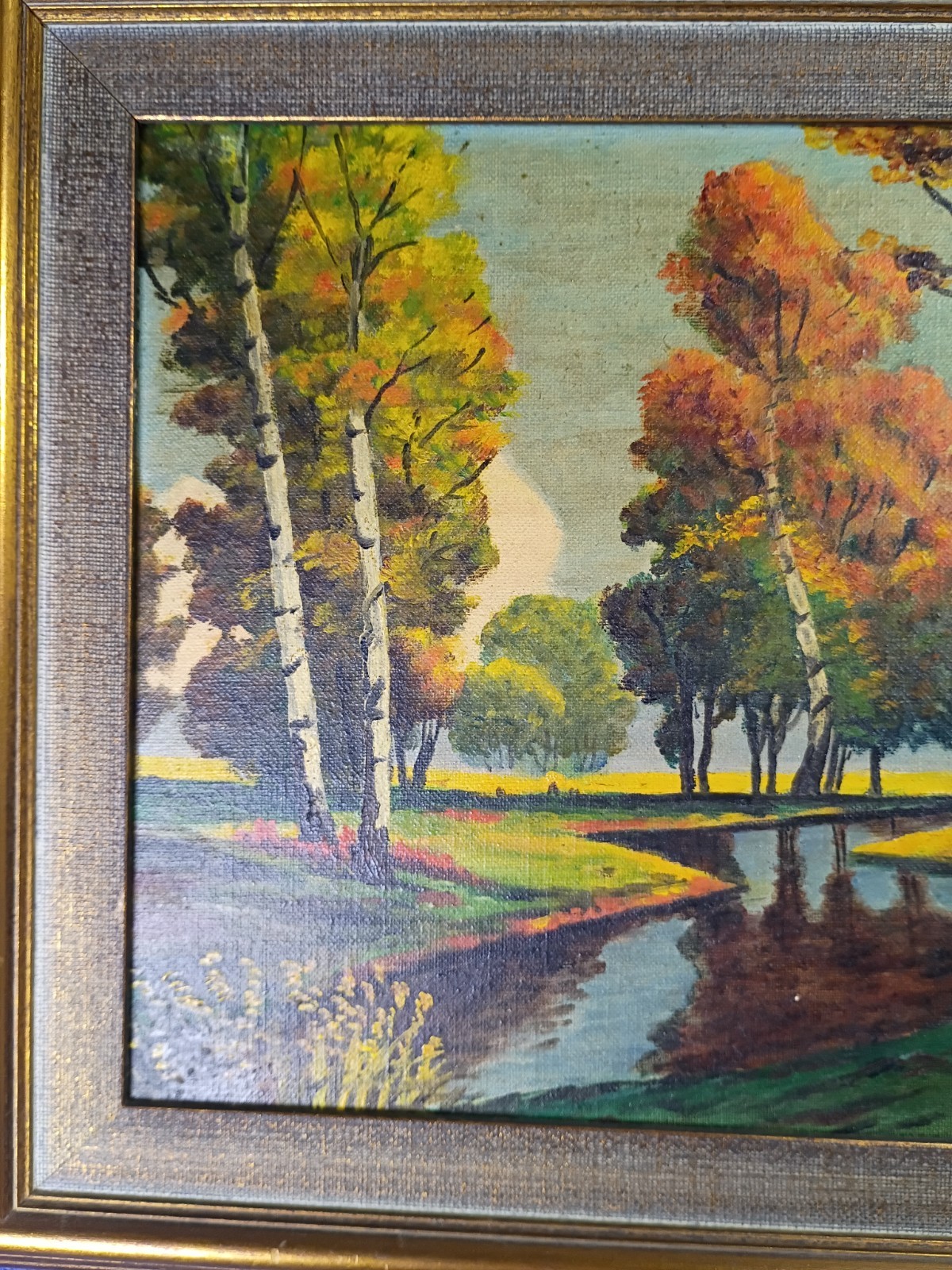 Framed Oil Painting On Board – Stream w/ Trees & Landscape 14.5”x11.5”