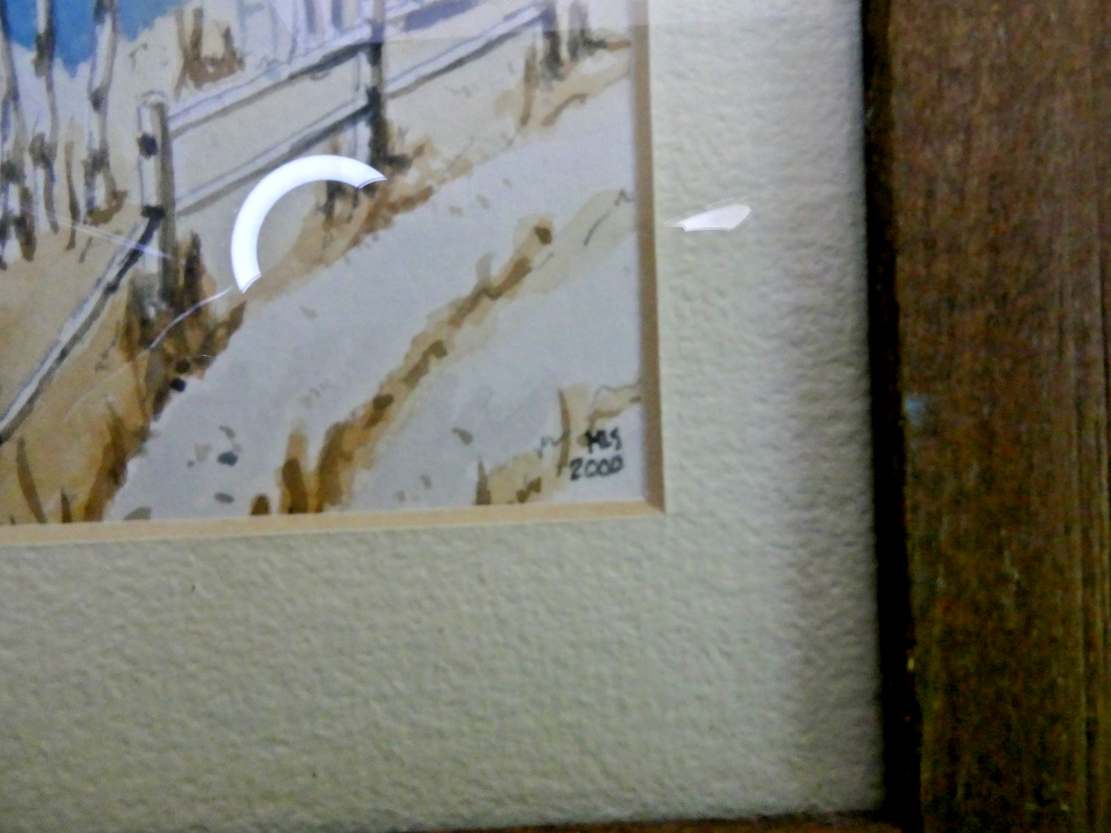 Original water color art Cabin on a hillside Blue with shades of beige & brown