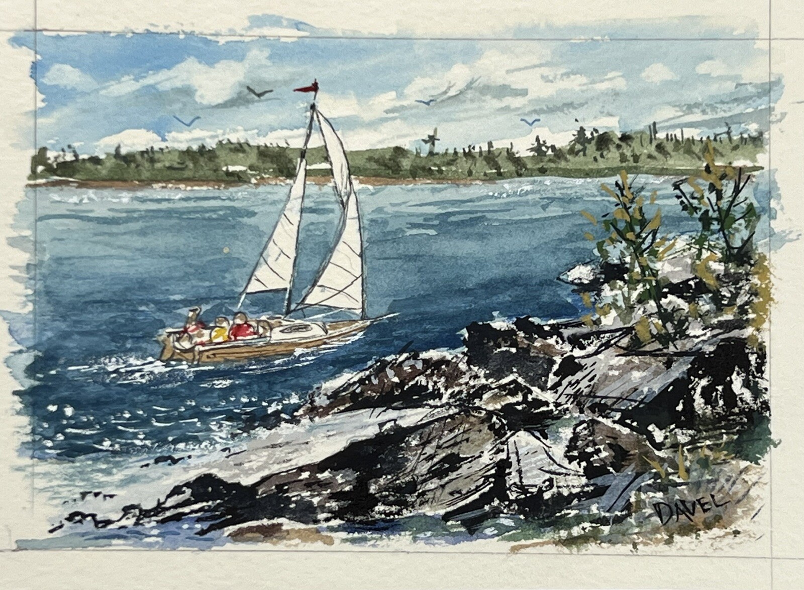 Watercolor Painting Sailboat In Lake By Rocky Coast 4×5″ Fine Art Jim Davel