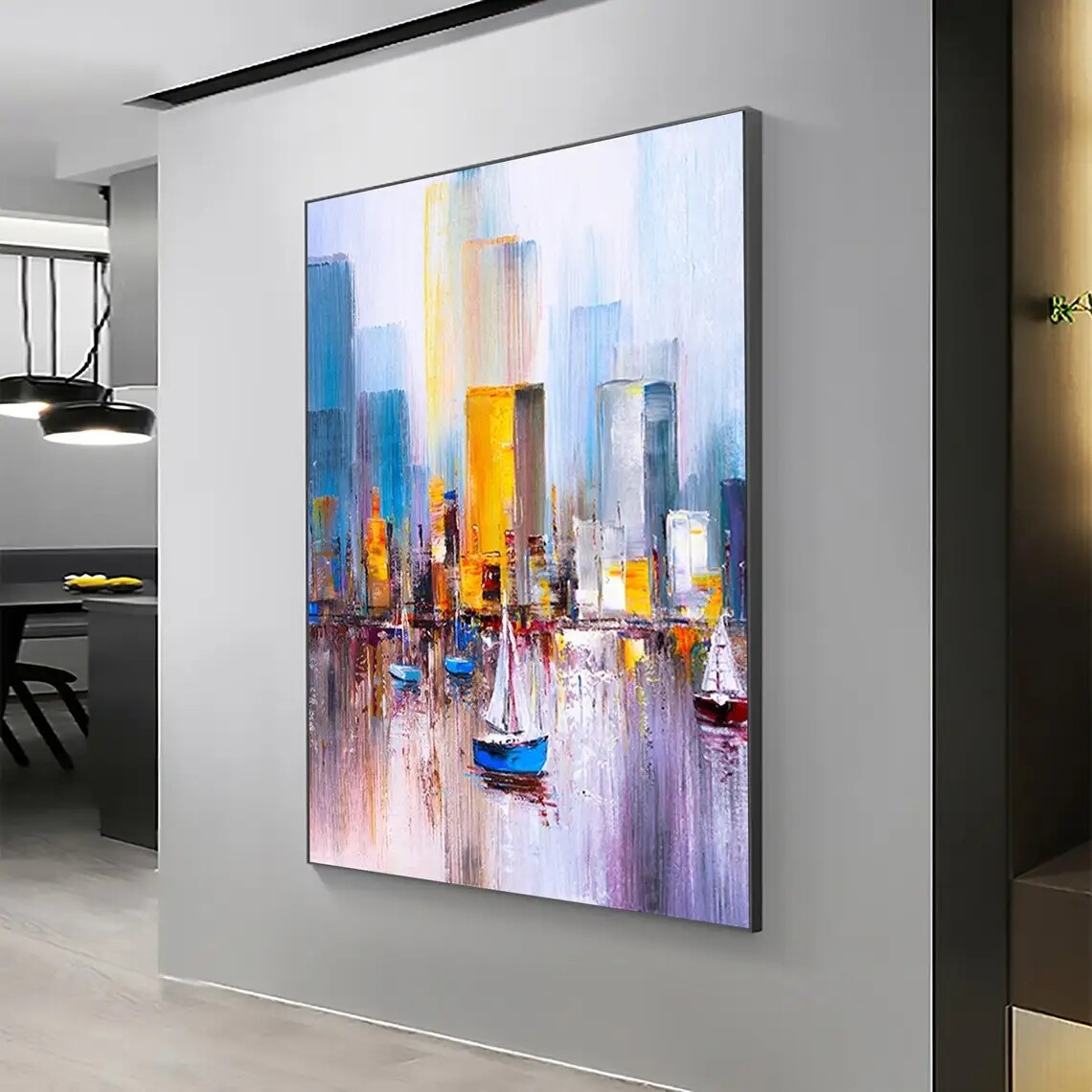 Abstract Cityscape Oil Painting Hand Painted on Canvas Large Original Modern