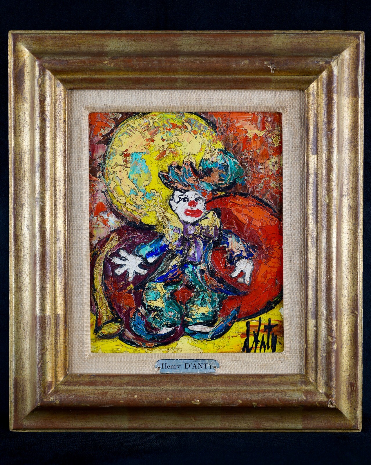 Vintage Original Expressionist Oil on Canvas «Clown Dancer» By Henry D’Anty