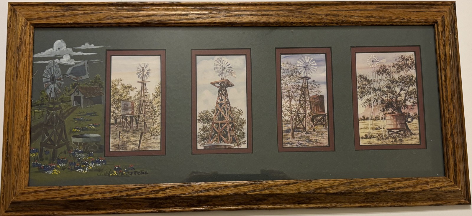 Joe Friddle Original Watercolor Windmill Quadtych Framed Signed Texas Art