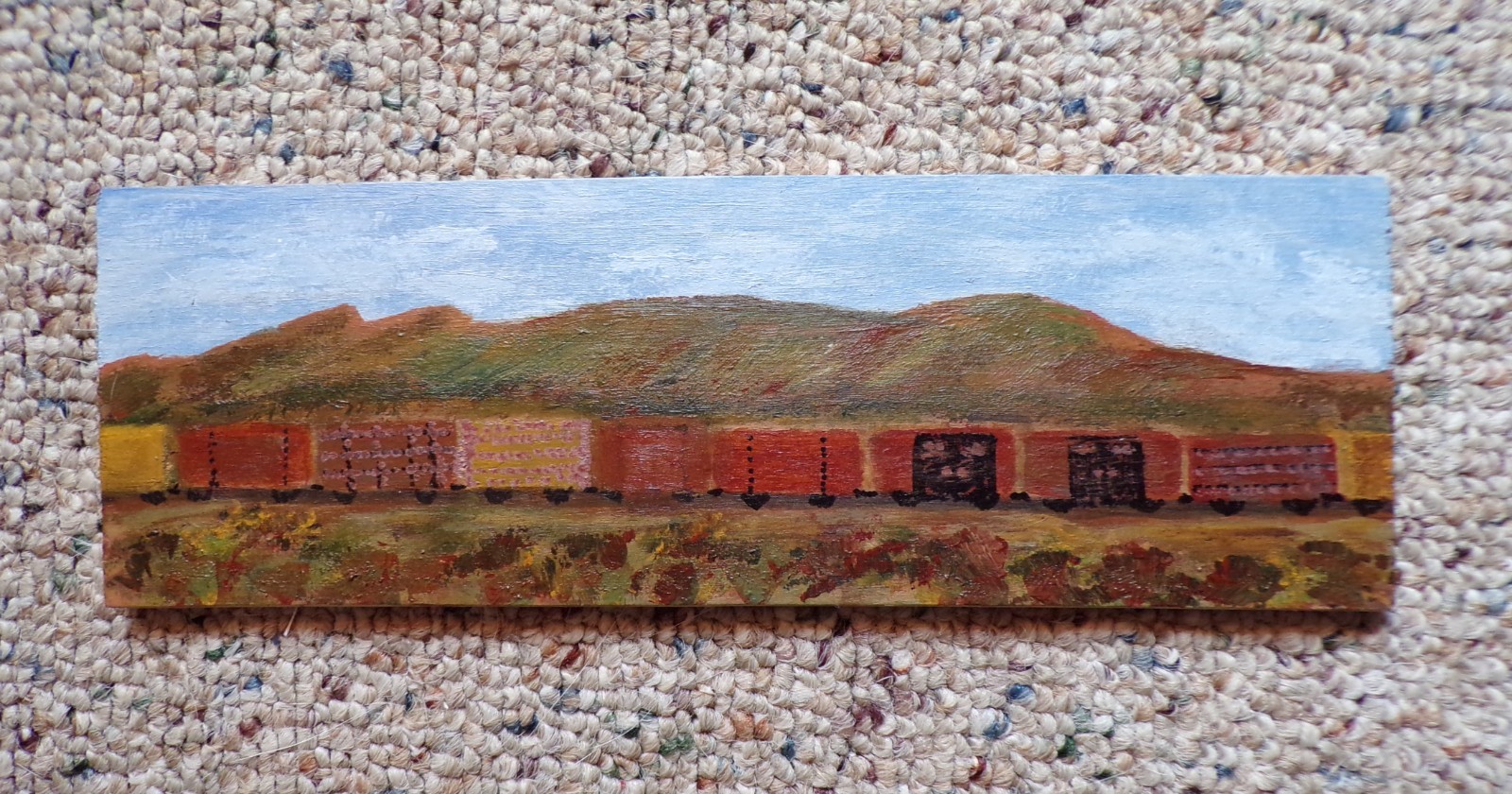 Desert Train Painting Original Art Acrylic on Wood One of a Kind 3 x 9
