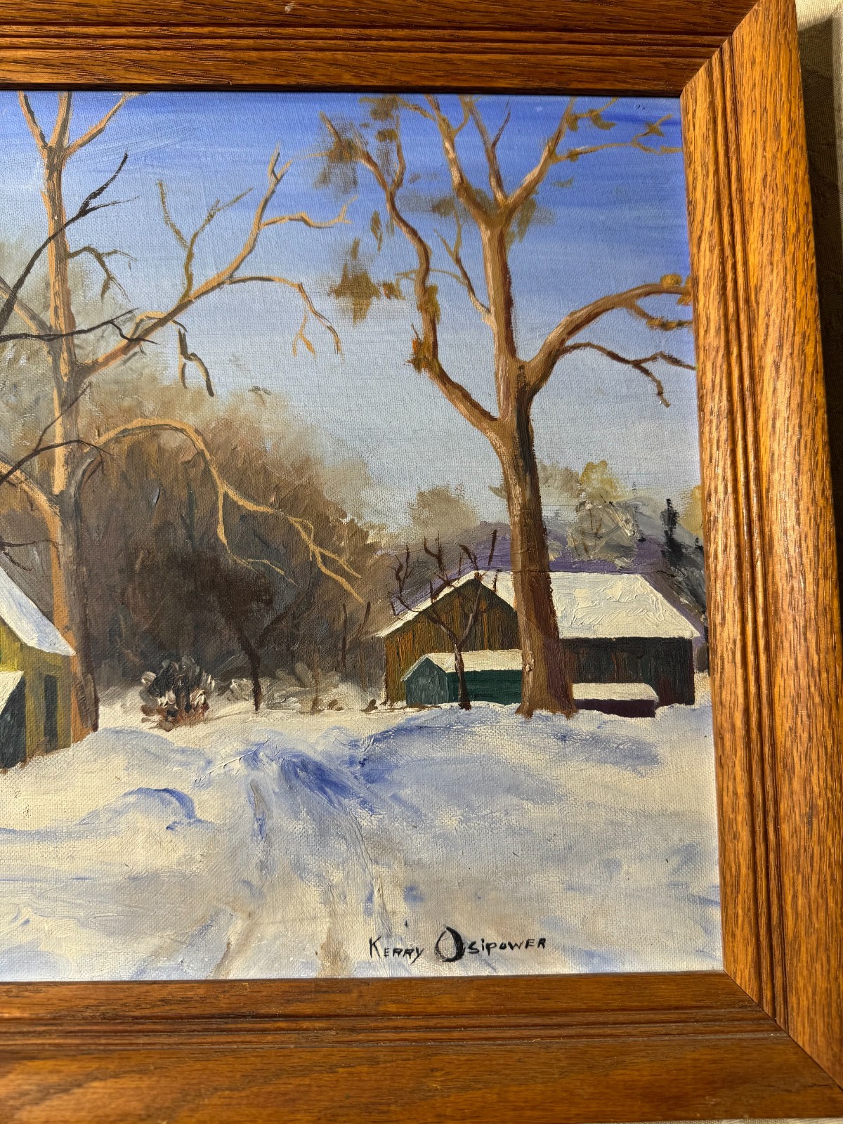 Kerry Osipower «Winter Landscape With Homes Scene» Oil Painting – Signed/Framed
