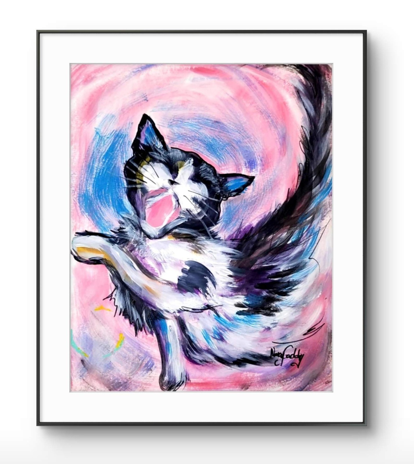 Original Expressive 9 x 12 Yawning Cat Acrylic Painting Mixed Media Art PAPER