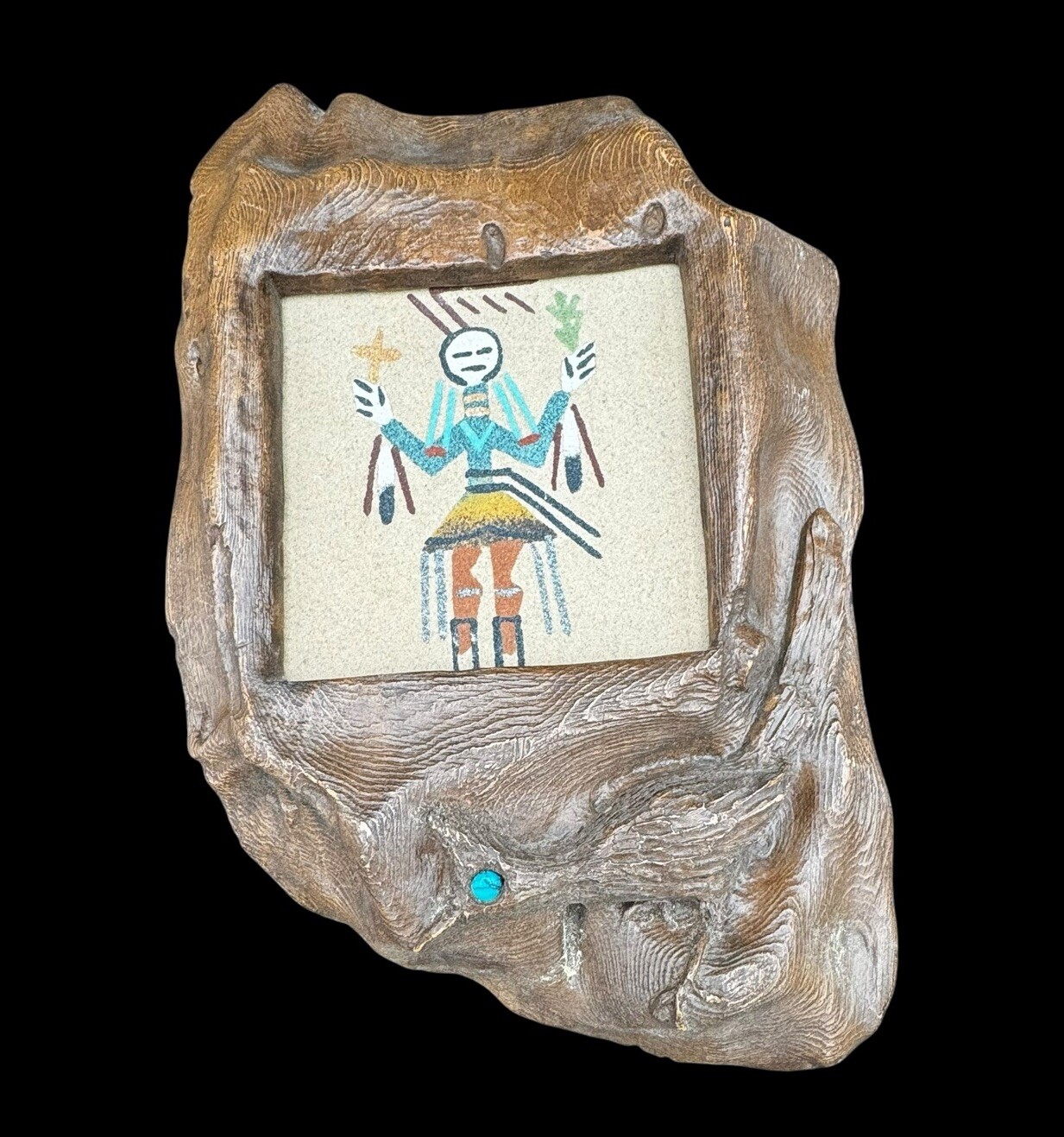 Lenora Price Style Navajo Sand Painting Hand Made Frame Turquoise Eye Owl Vtg