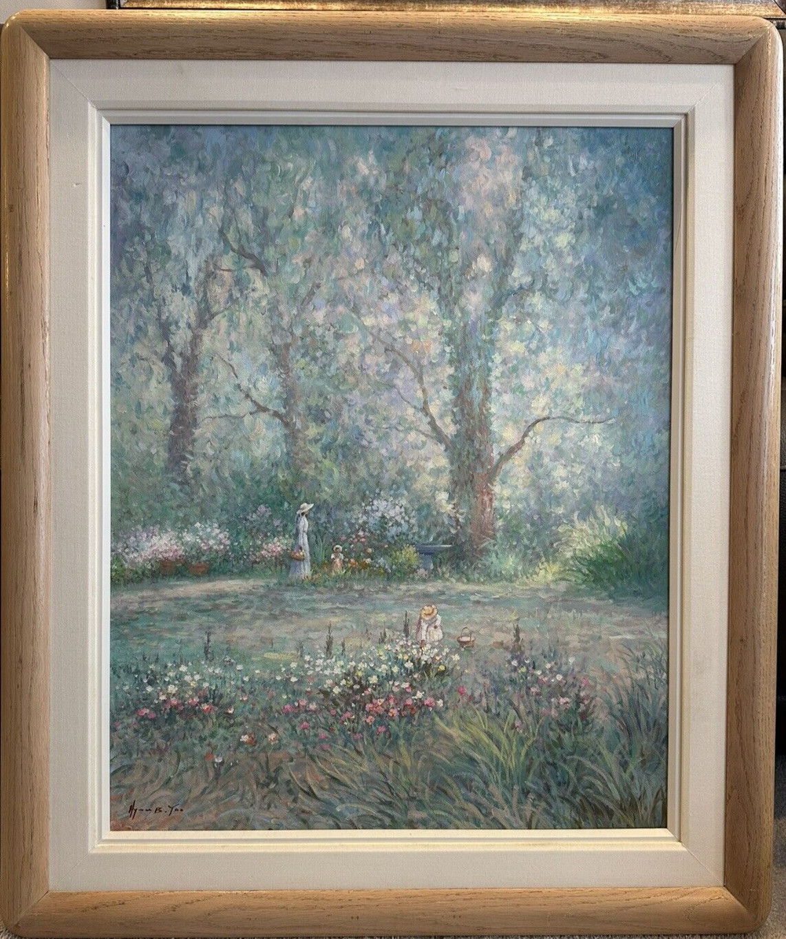Hyun Bo Yoo «Mother & Child in Flower Garden» Framed Vtg Oil Painting Signed 38″