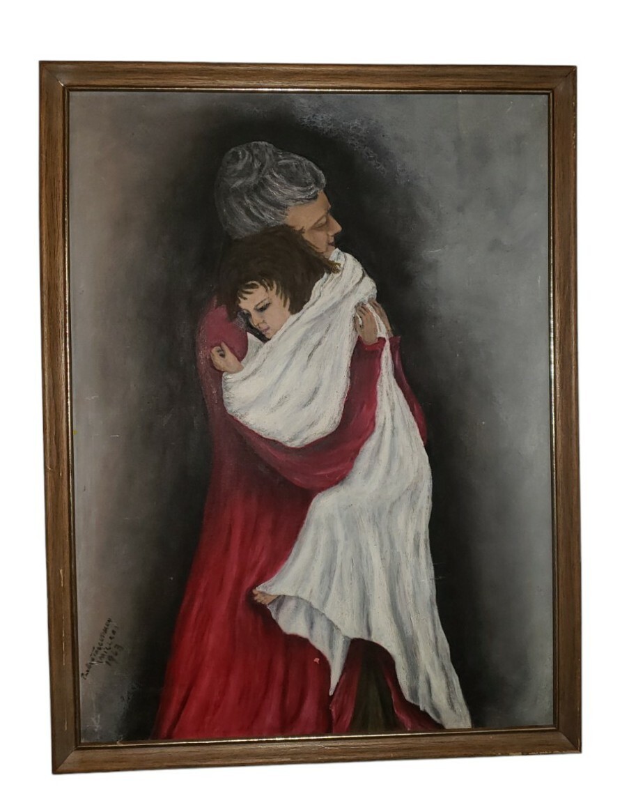 Vintage Oil Painting Grandmother Holding Granddaughter 1963 Signed