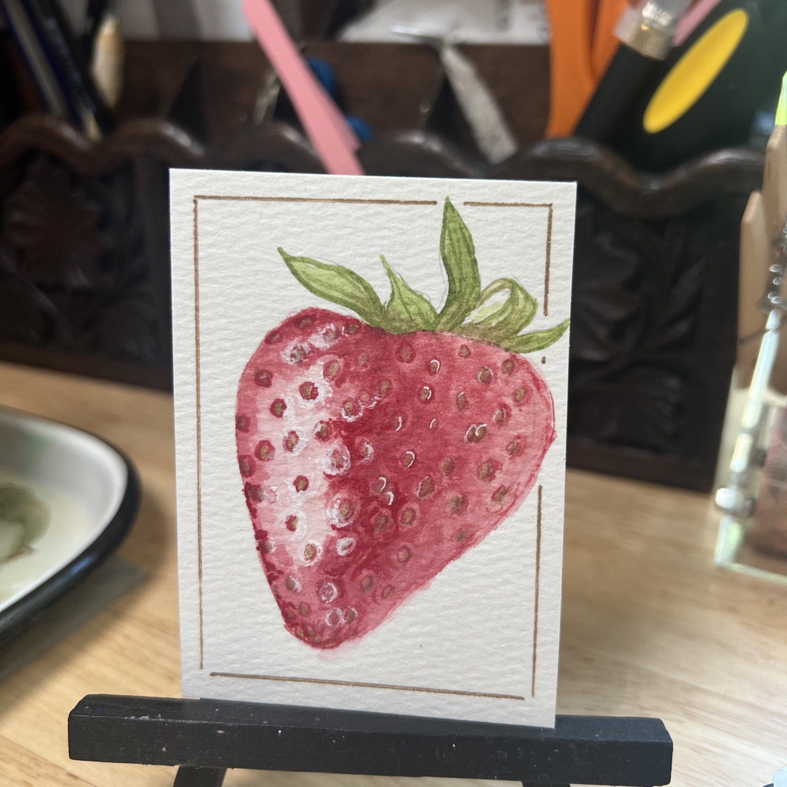 ACEO/ATC Original Painting 2.5 x 3.5 In. Watercolor Strawberry Art Card Signed