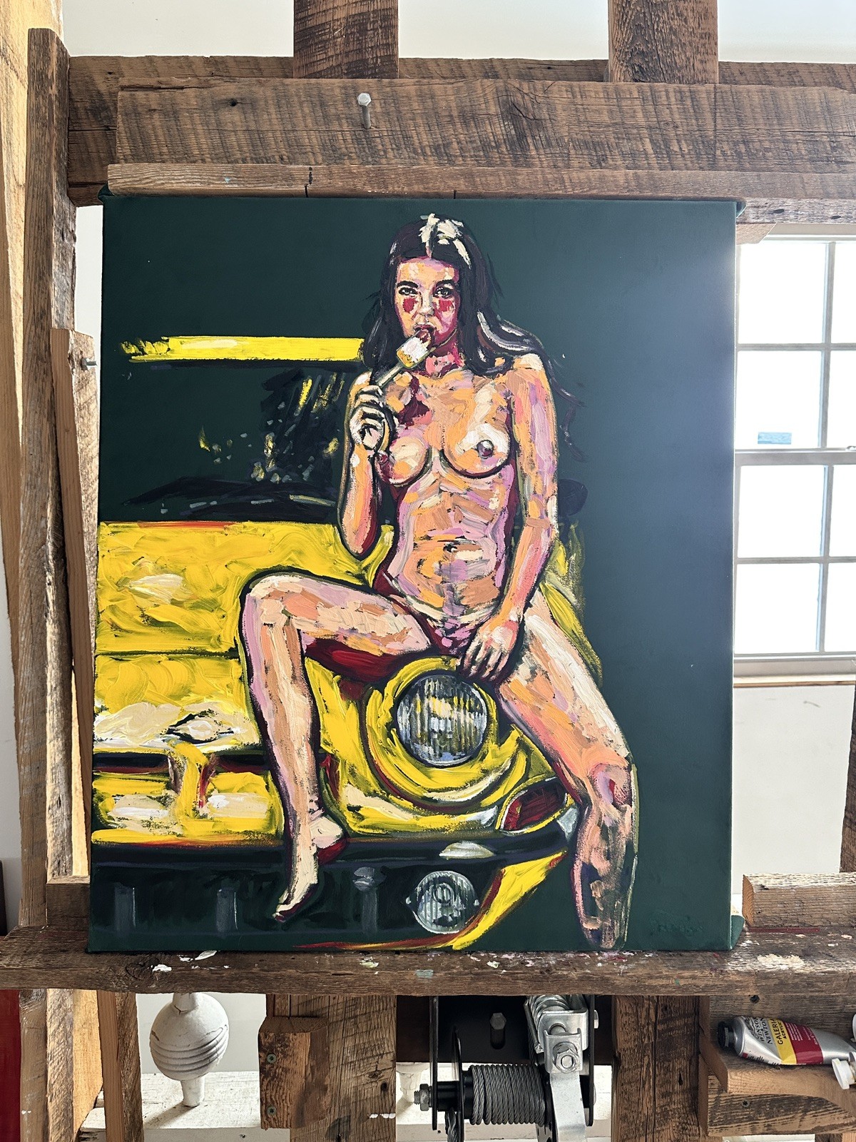 FREDERIC Green Velvet Nude W/ Sports Car Painting Beautiful Woman 22×26 VTG🔥