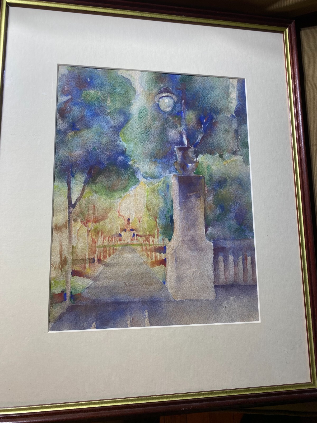 «City Park Entrance And Landscape Scene» Watercolor Painting – Framed
