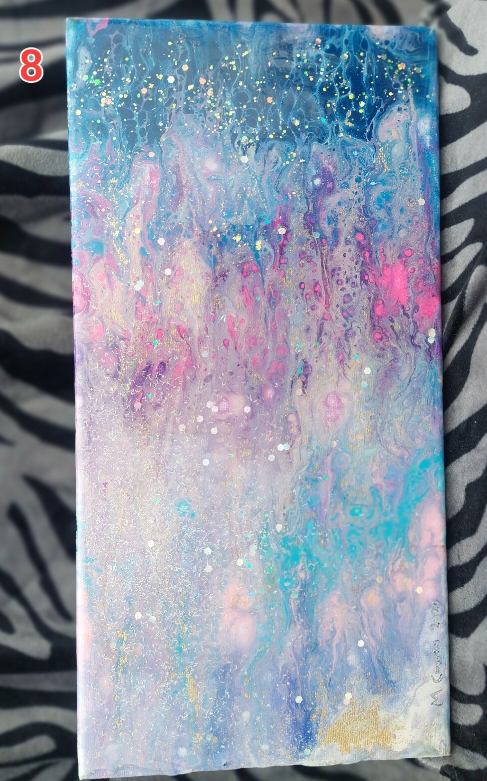 7×14″ Acrylic on canvas with glitter+ blacklight + clear epoxy resin overlay.