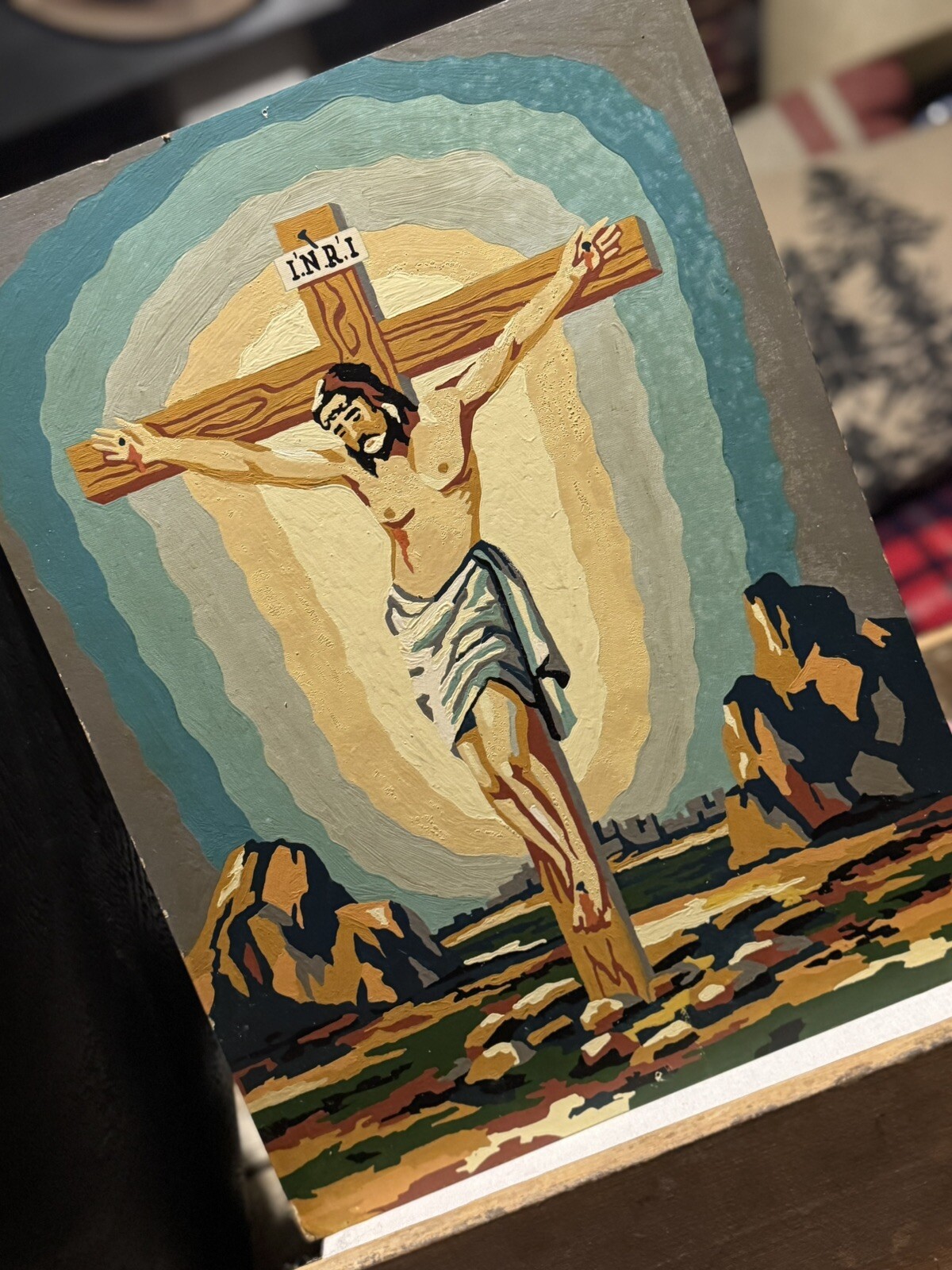 Vintage Paint By Number Jesus Cross Crucifixion 16″ x 12″ hand painted art MCM
