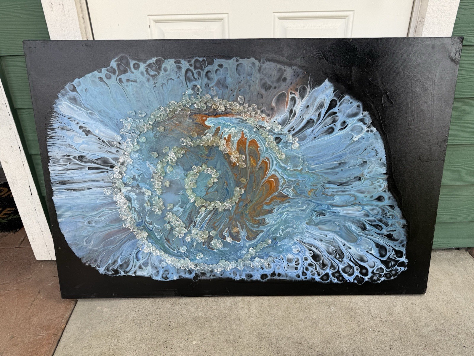 Custom Abstract Mixed Media Painting – Blue Spiral with Glass Crystal Detail