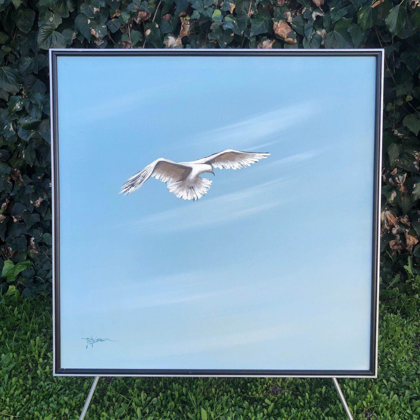 WATSON Original MODERN HUGE 1970s MINIMALIST SEASCAPE BEACH Oil Blue Sky Dove