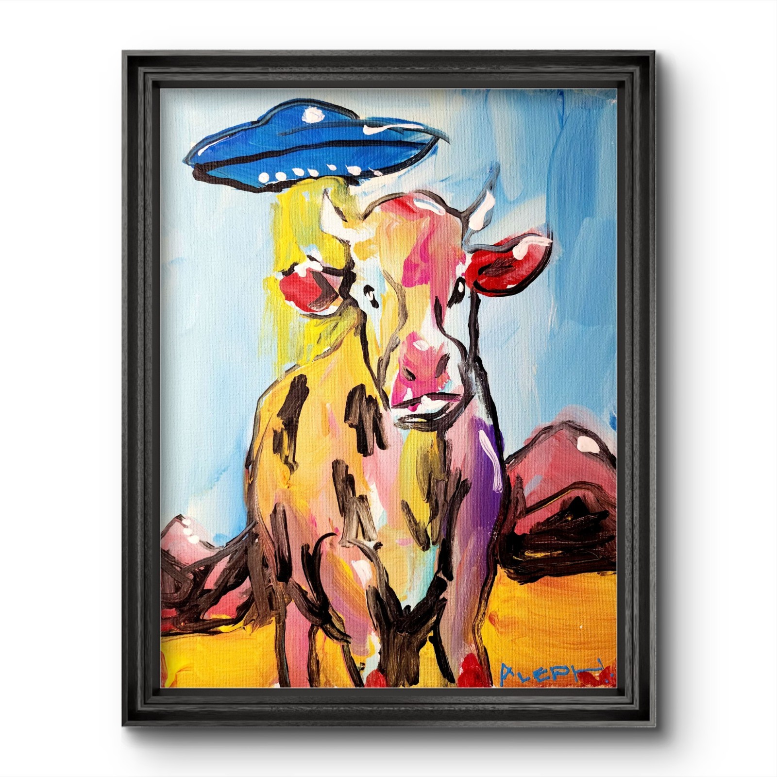 Original Art Cow 14×11 Abstract Expressionist Animals Painting Canvas By Aleph