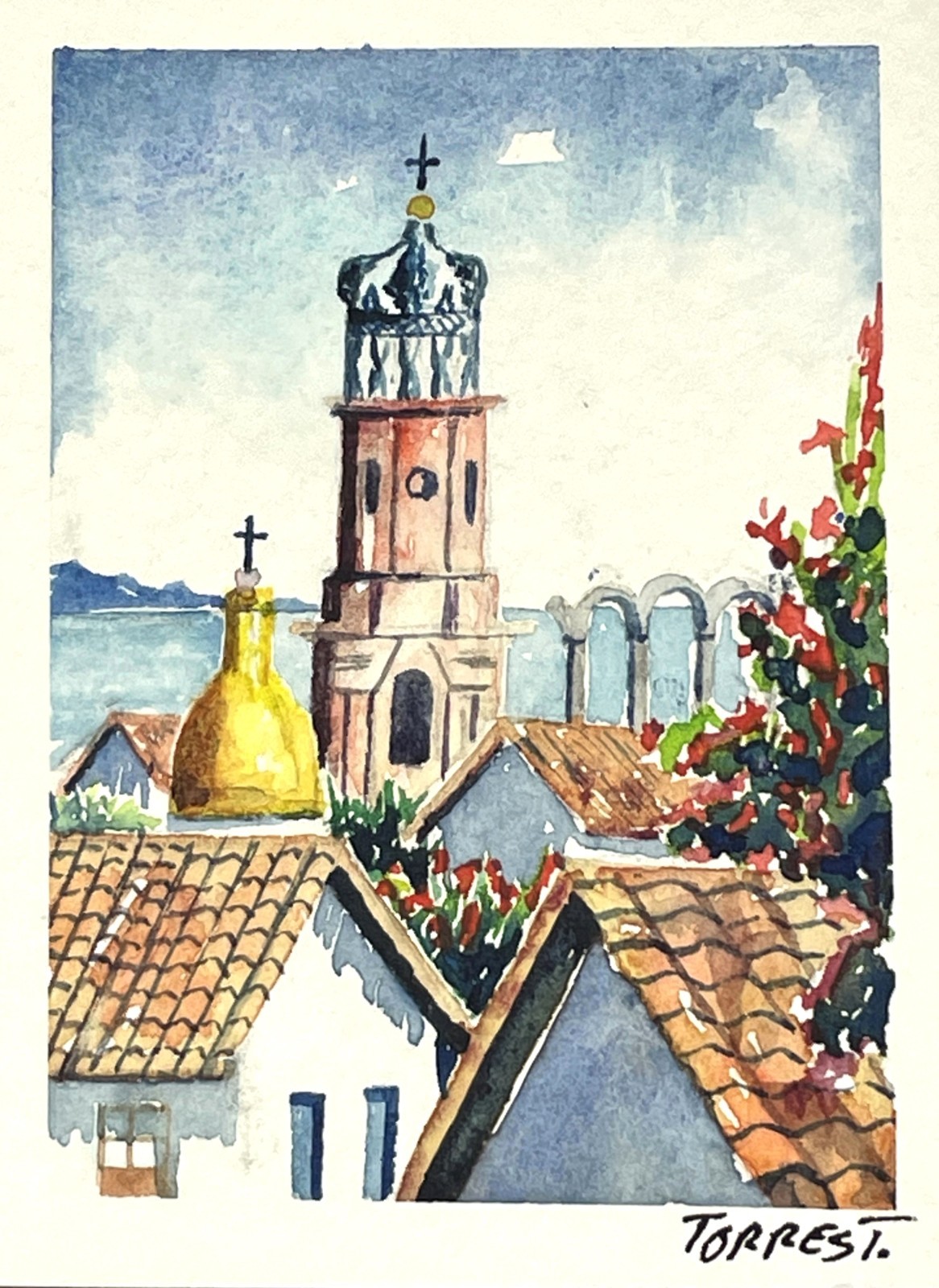 Original Signed Miniature Watercolor Painting of Eastern Orthodox Church Spire