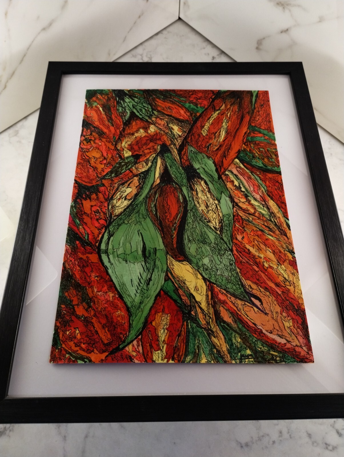 Framed Original Signed Acrylic Modern Painting Heavy Paper Bold Floral Red Green