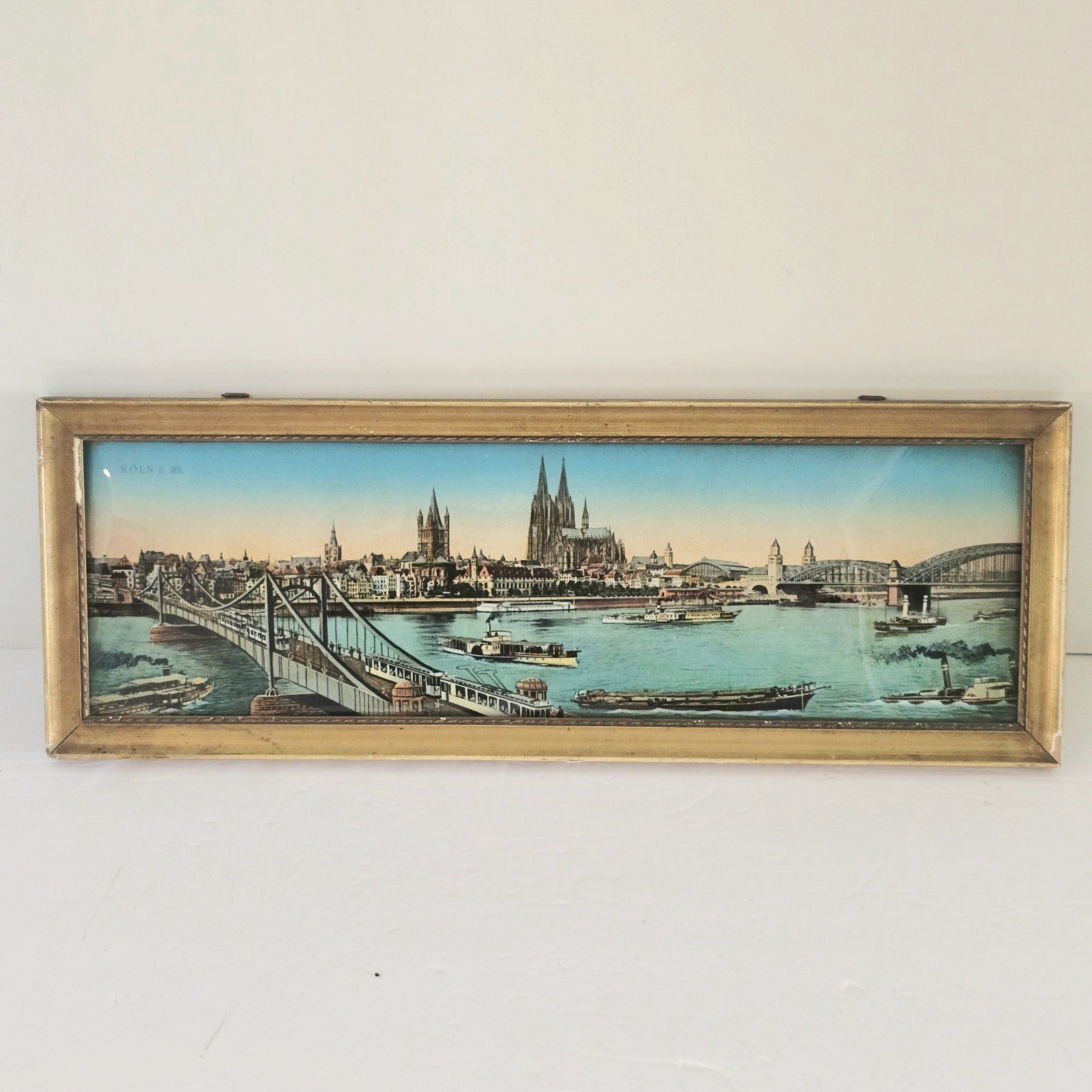 Antique Glass Reverse Painted Koln Germany 6″x 18″ Convex Glass Cologne Painting