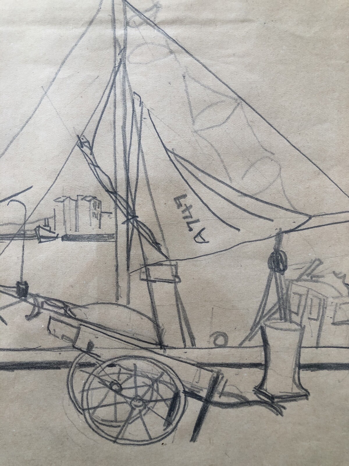 Antique Pencil Drawing Sketch Harbor Fishing Boats Nets Cart Pier Sea 1921