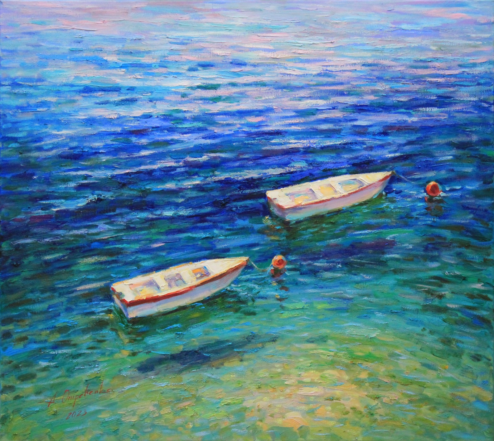 Original Oil Painting Boats Sea Impressionist Seascape artwork by A Onipchenko