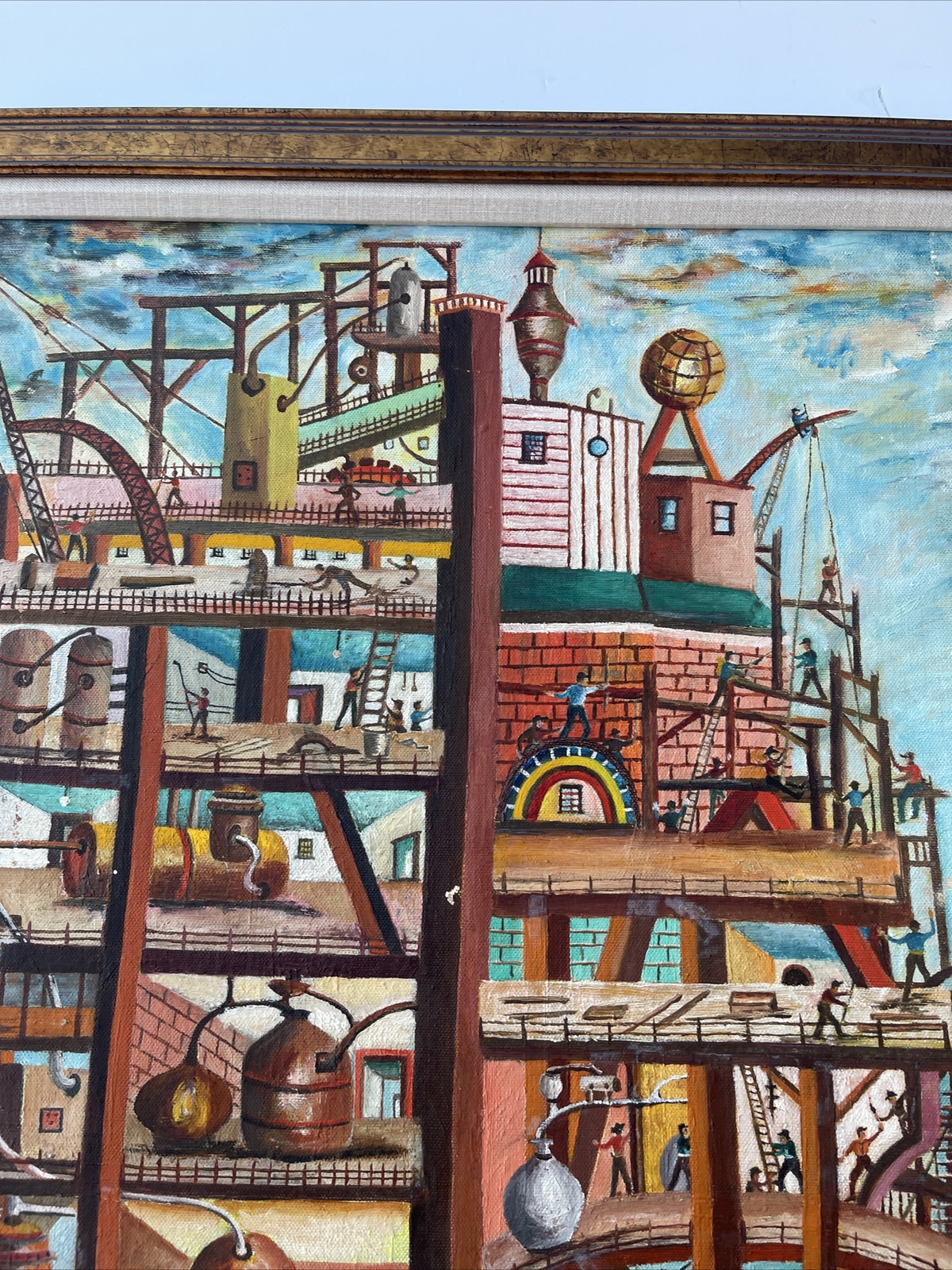 Vintage Industrial Painting Construction Workers Factory Urban Modernism Listed
