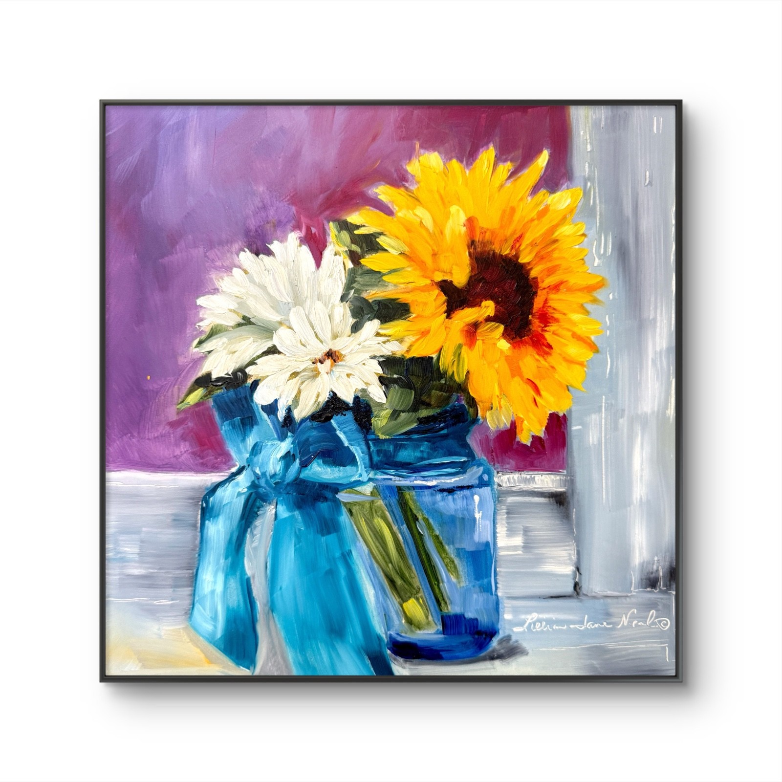 Floral Jar 12″x12″Expressionsim Original Oil Flowers Blue Bell Jar Panel