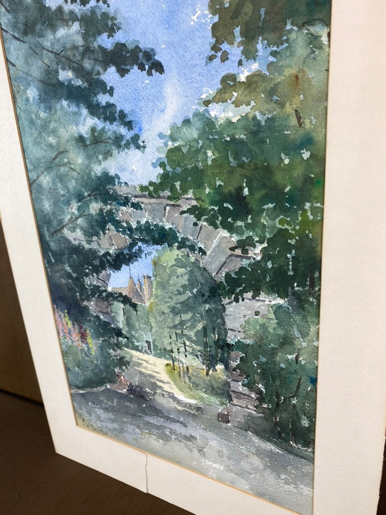 Vintage F.W. Church Watercolor Painting Stone Archway Landscape Mat Size 14×21″