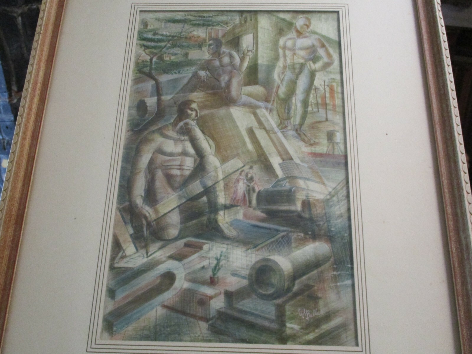 Antique Wpa Era Painting Industrial Factory Workers Regionalism Urban Vintage