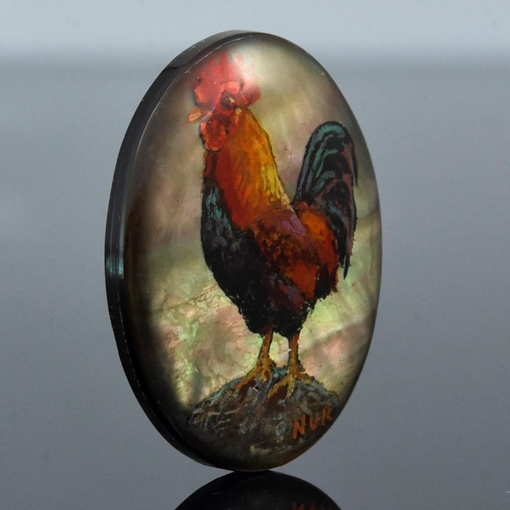 Rooster Original Artisan Painted Mother-of-Pearl Shell Oval Cabochon 35x26mm