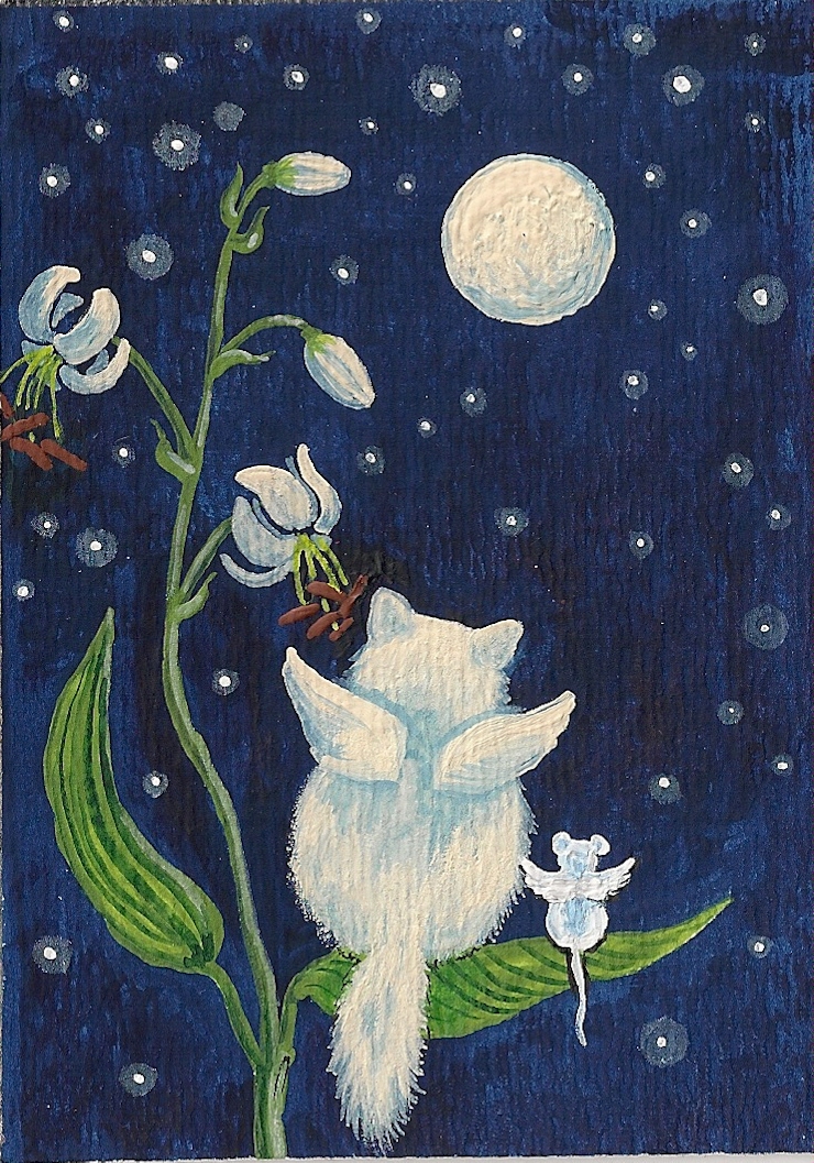 Print of ACEO PAINTING RYTA PERSIAN CAT ANGEL MOUSE MICE FAIRY FLOWER folk art