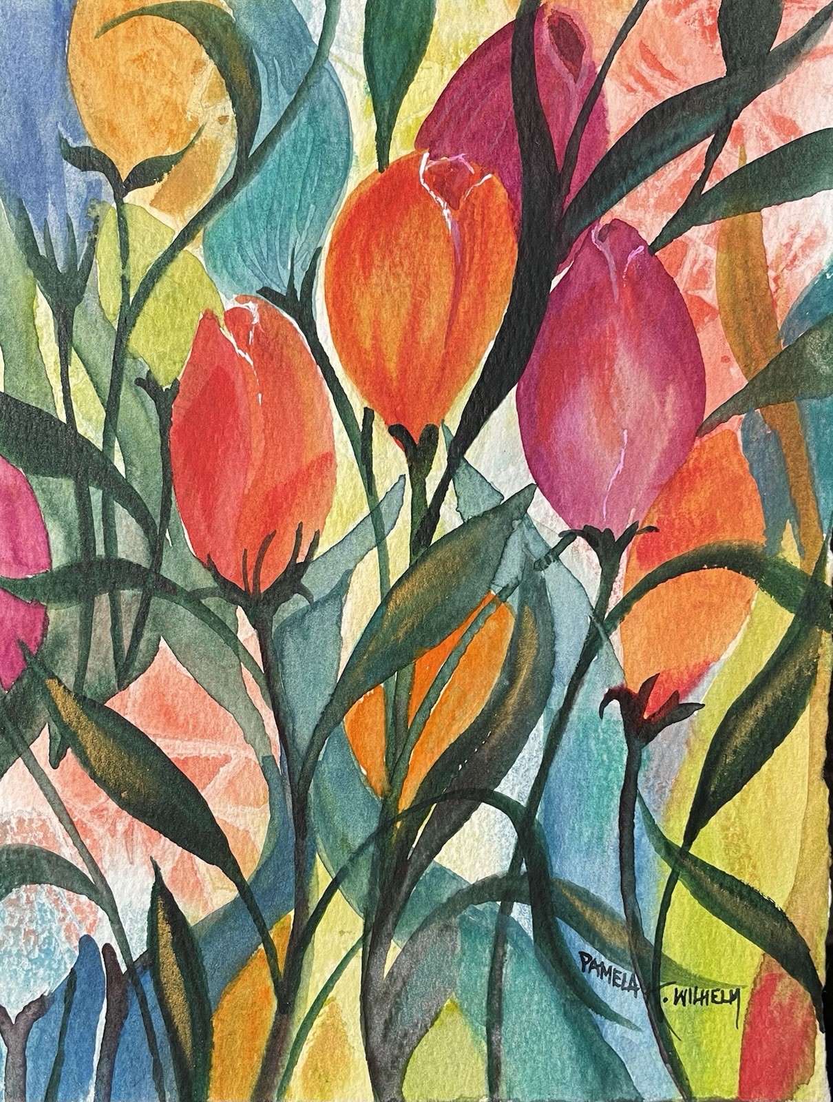 Pamela Wilhelm Original Watercolor 6”x8”whimsical Red Orange Teal Tulip Flowers