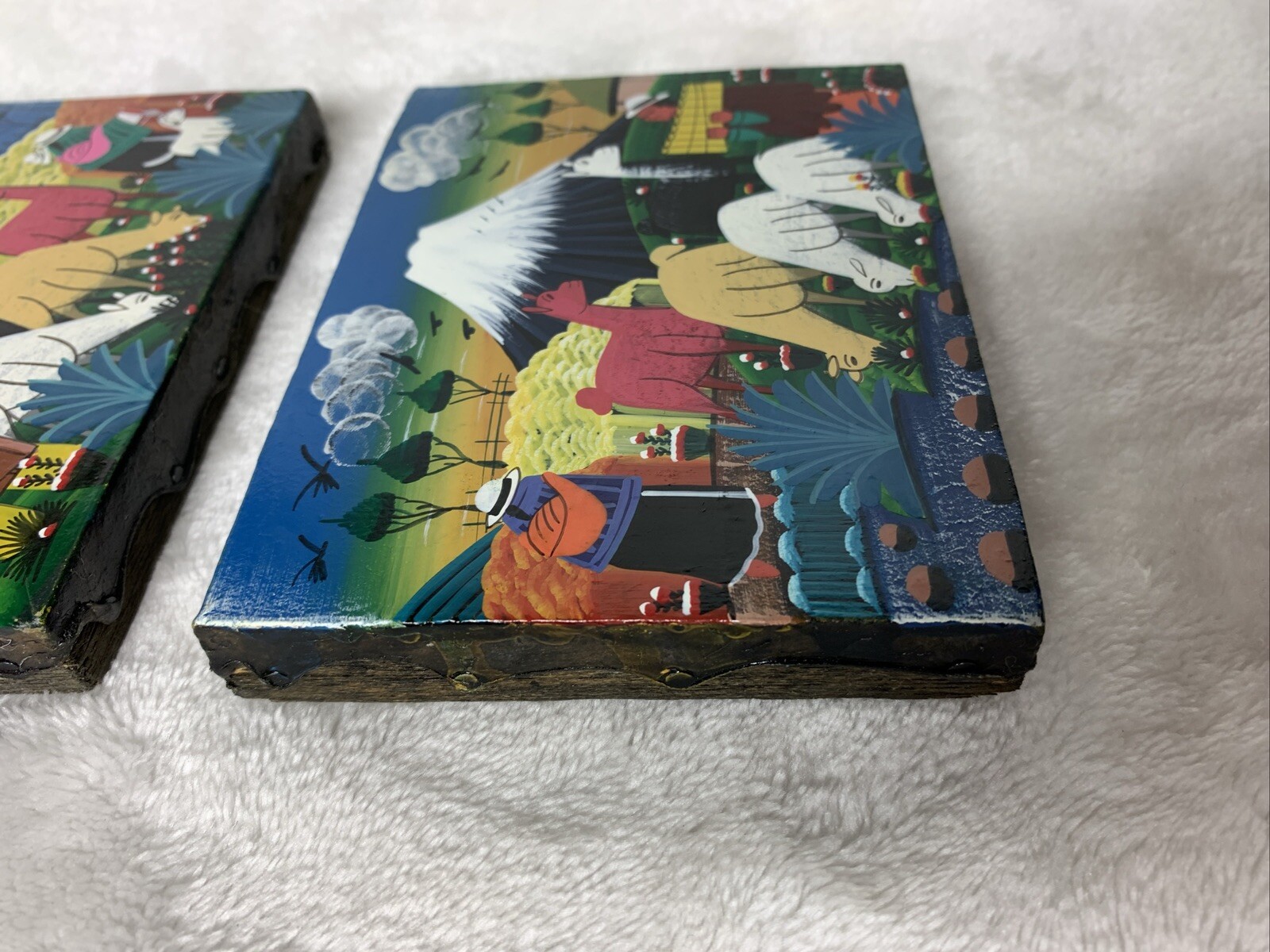 Vintage Cotopaxi Ecuador Mini Paintings Hide Llama Alpaca Signed Pedro Vega Pair