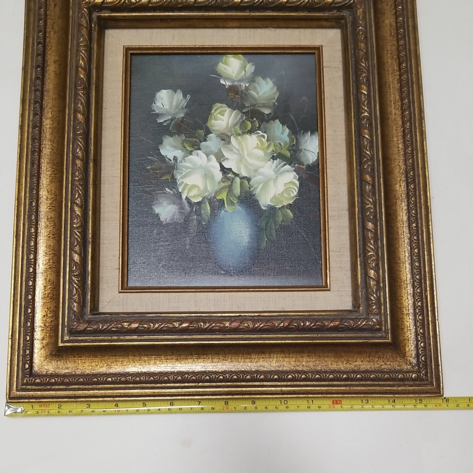 Still Life Oil Painting White Roses Bouquet Flowers In Vase Framed Canvas Signed