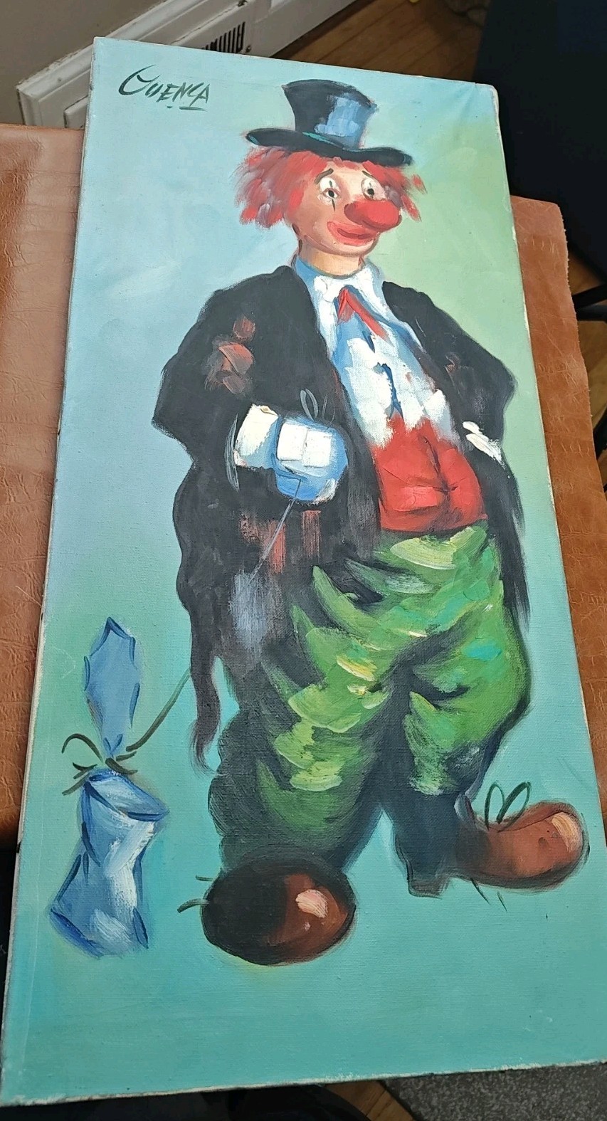 VTG Classic Artist Signed Cuenca Clown Oil On Canvas 12″ X 25″ Old Style Frame