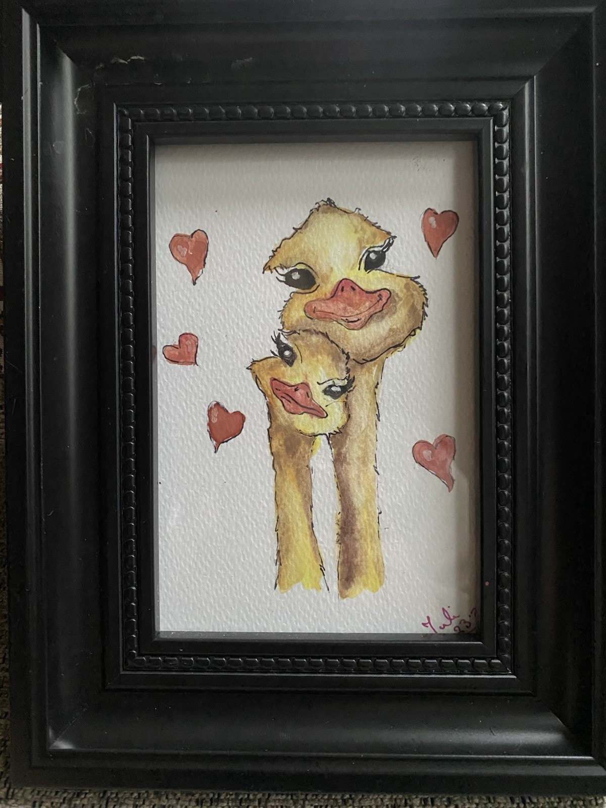 Original Art Watercolor Painting Mother & Child Signed OOAK Duck Family