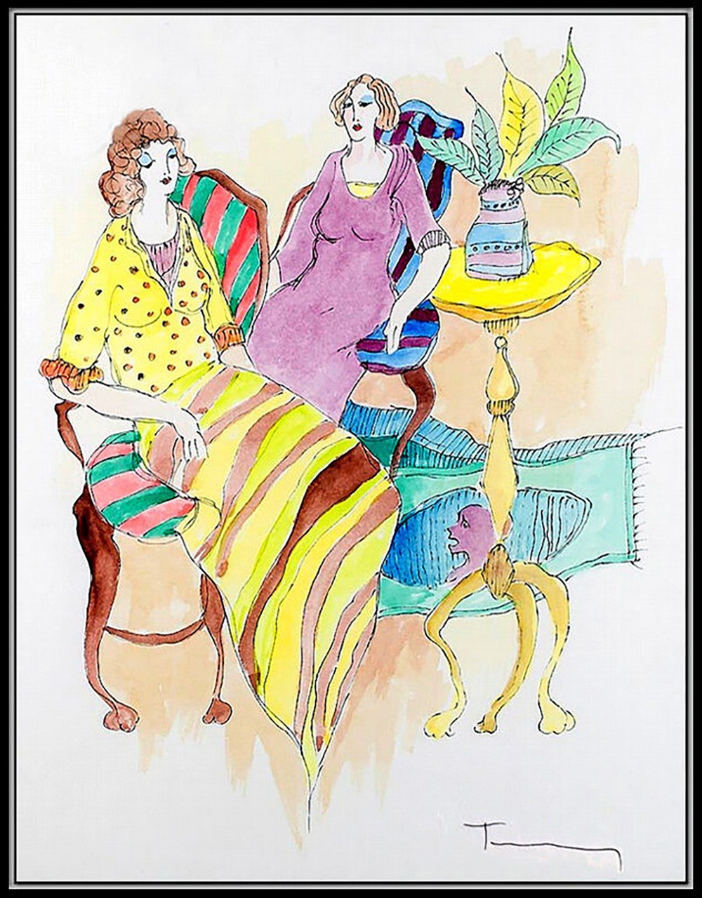 Itzchak Tarkay Original Watercolor Painting Hand Signed Authentic Cafe Women Art