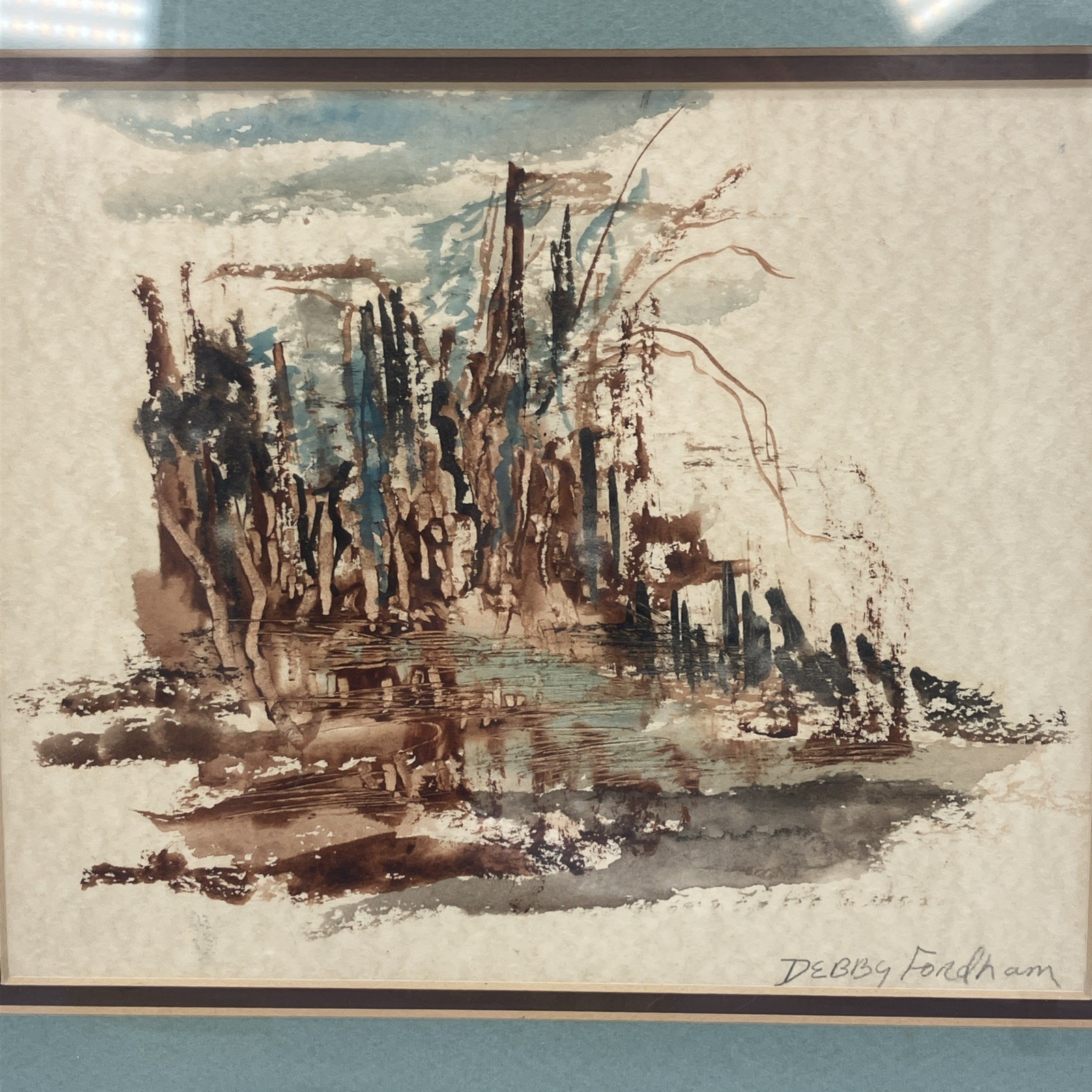 Original Watercolor Abstract Waters Edge Scene Signed Matted Framed Blue/Browns