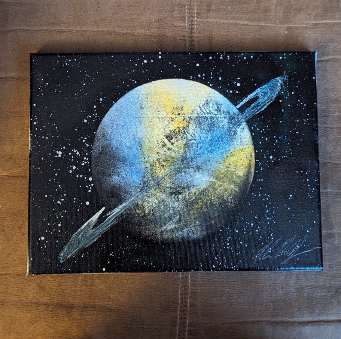 Ringed Planet Spray Paint Art 9×12 Inch Canvas Signed