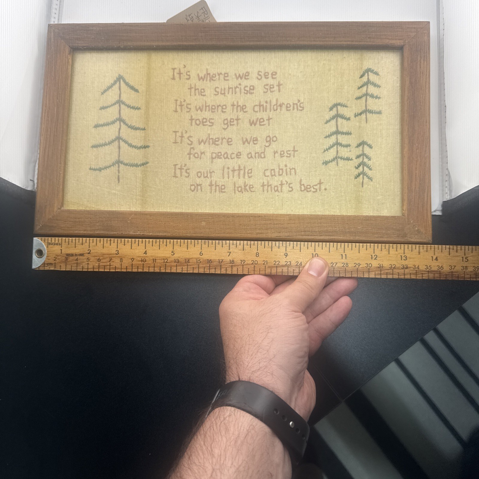 Tree Lake Cabin Handmade Needlepoint Embroidery Textile Art Framed 14×8”