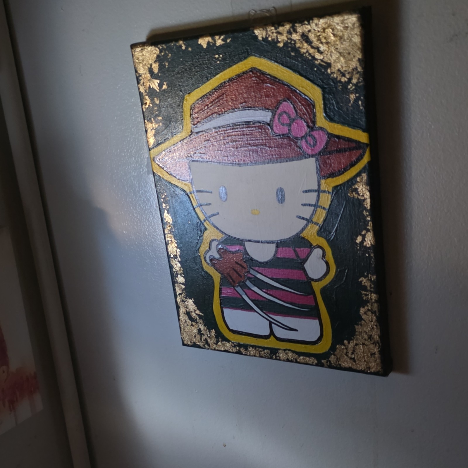 Hello Kitty Cartoon Pop Art Painting, Unframed Wall Art Black & Gold