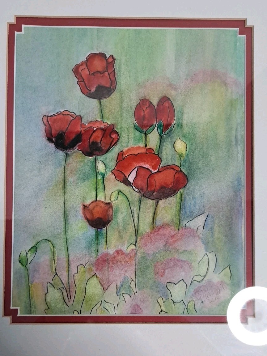 Original Watercolor Painting Signed Dated 2016 Floral Pattern Red Metal Frame…