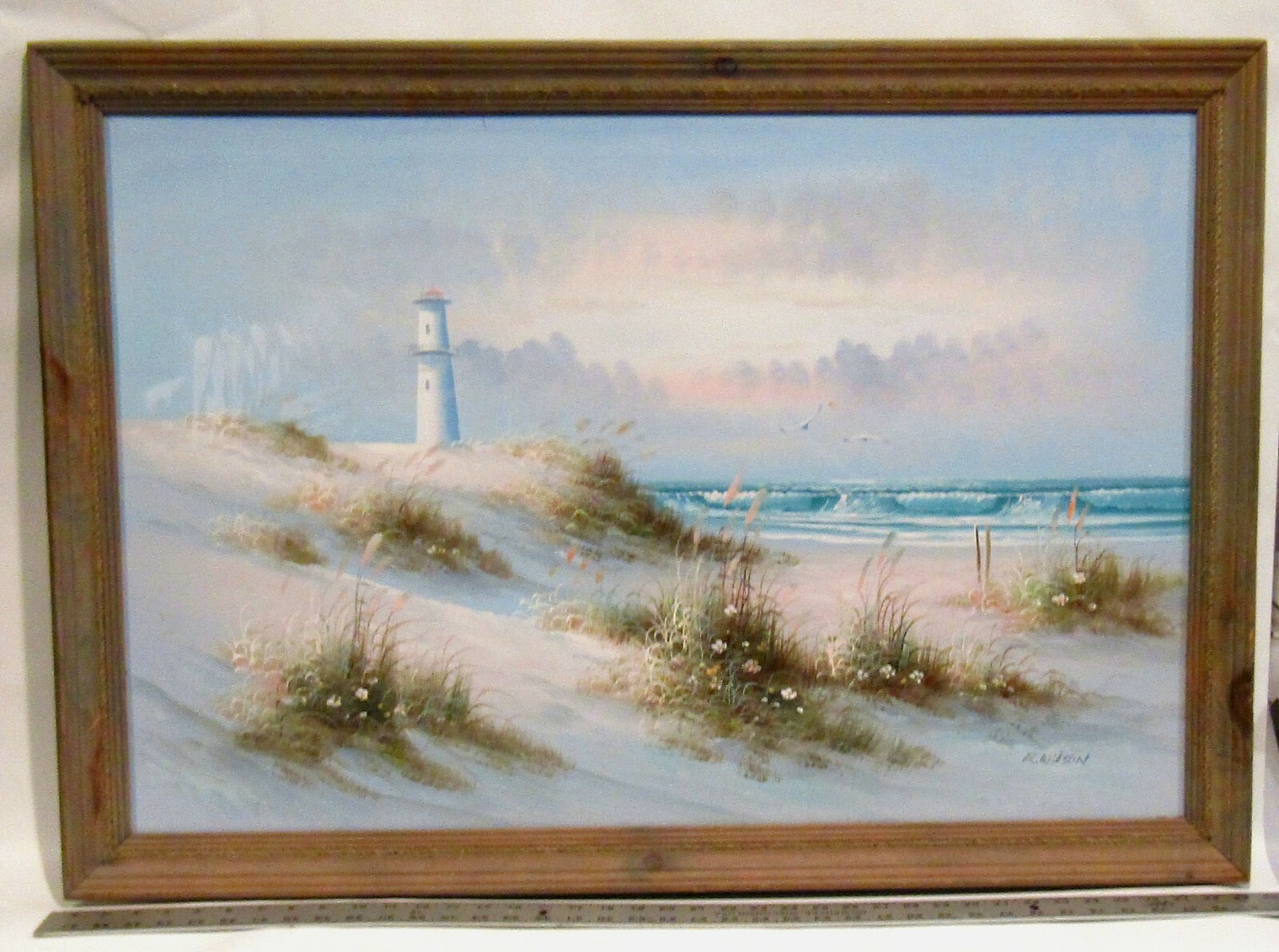 VTG Large Original Oil Painting on Canvas Seascape Lighthouse Signed by R.Wilson
