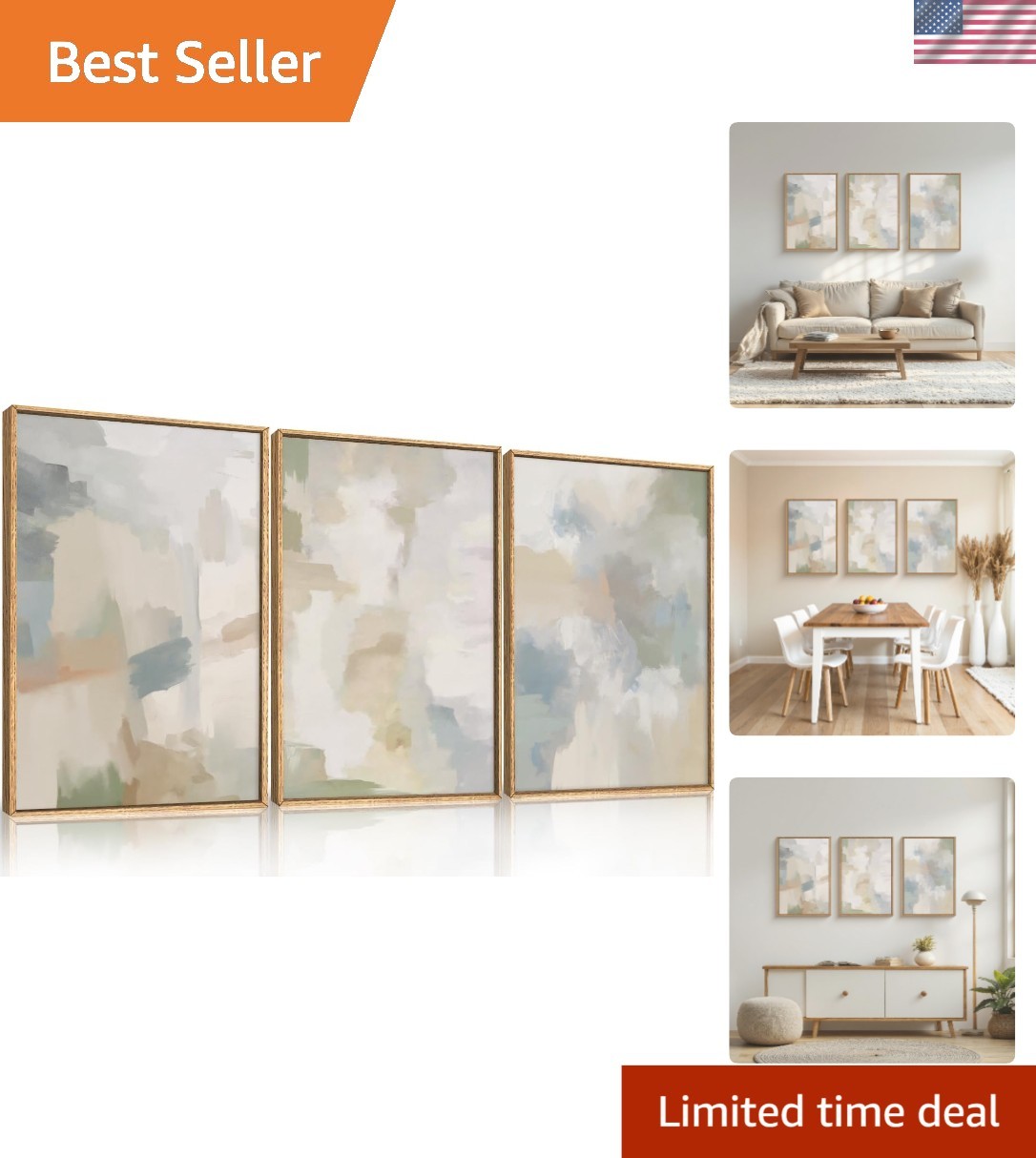 Large Abstract Gray Pastel Framed Canvas Wall Art Set,Neutral Watercolor Brus…