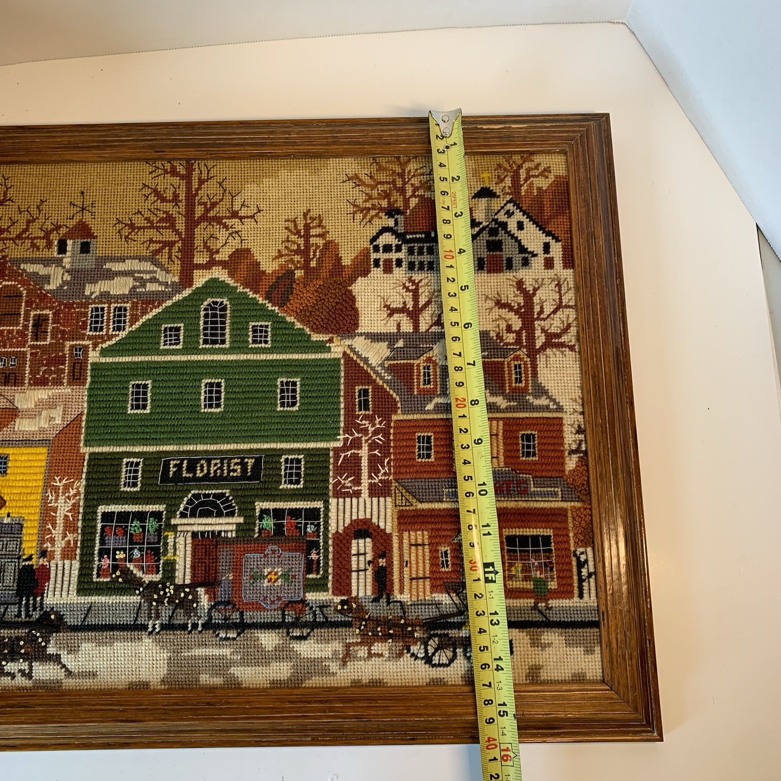 Vintage Framed Needlepoint Art Charles Wysocki Main Street Dimensions 2143