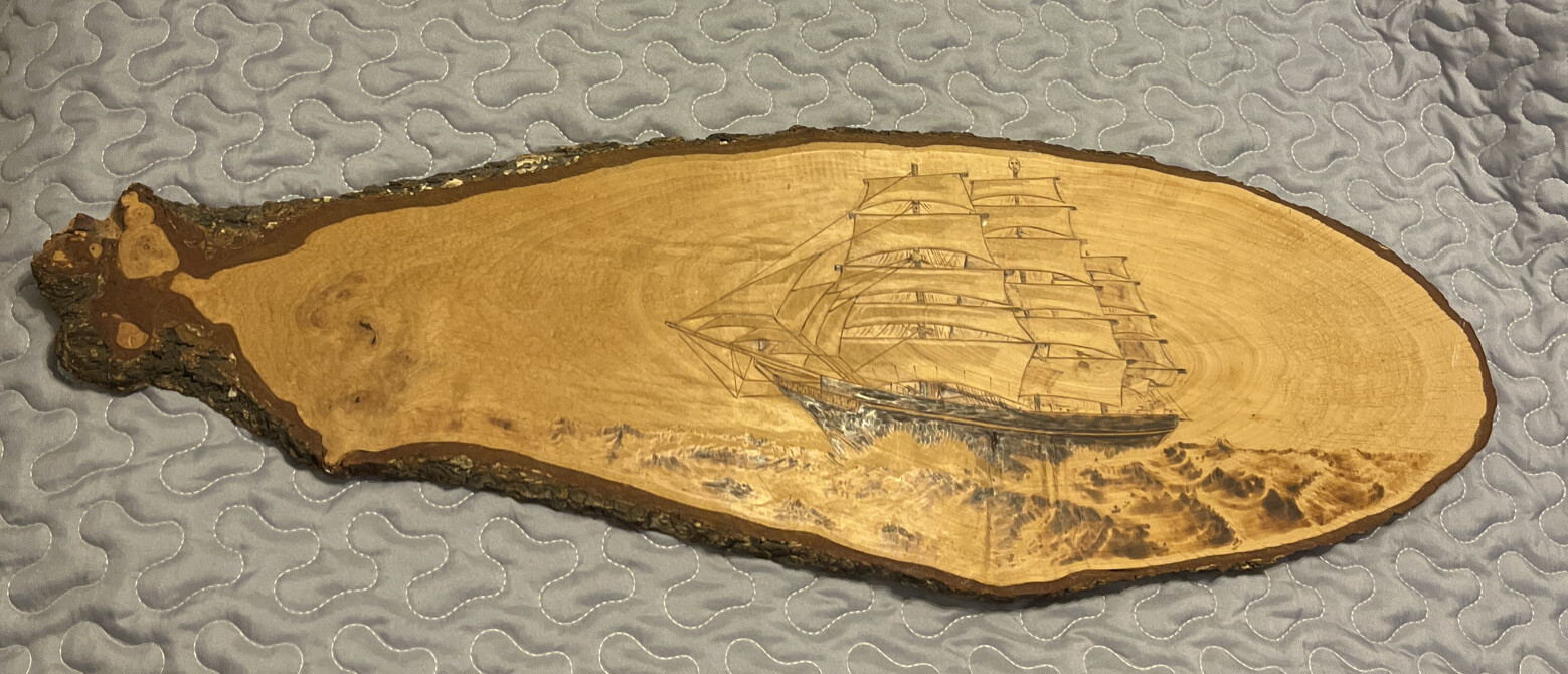 Vintage Sail Boat Burn Etching PAINTING On Live Edge Tree Wood Slab ocean