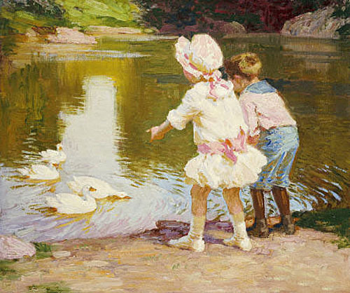 Stunning Oil painting children playing by the lake with ducks white goose waves