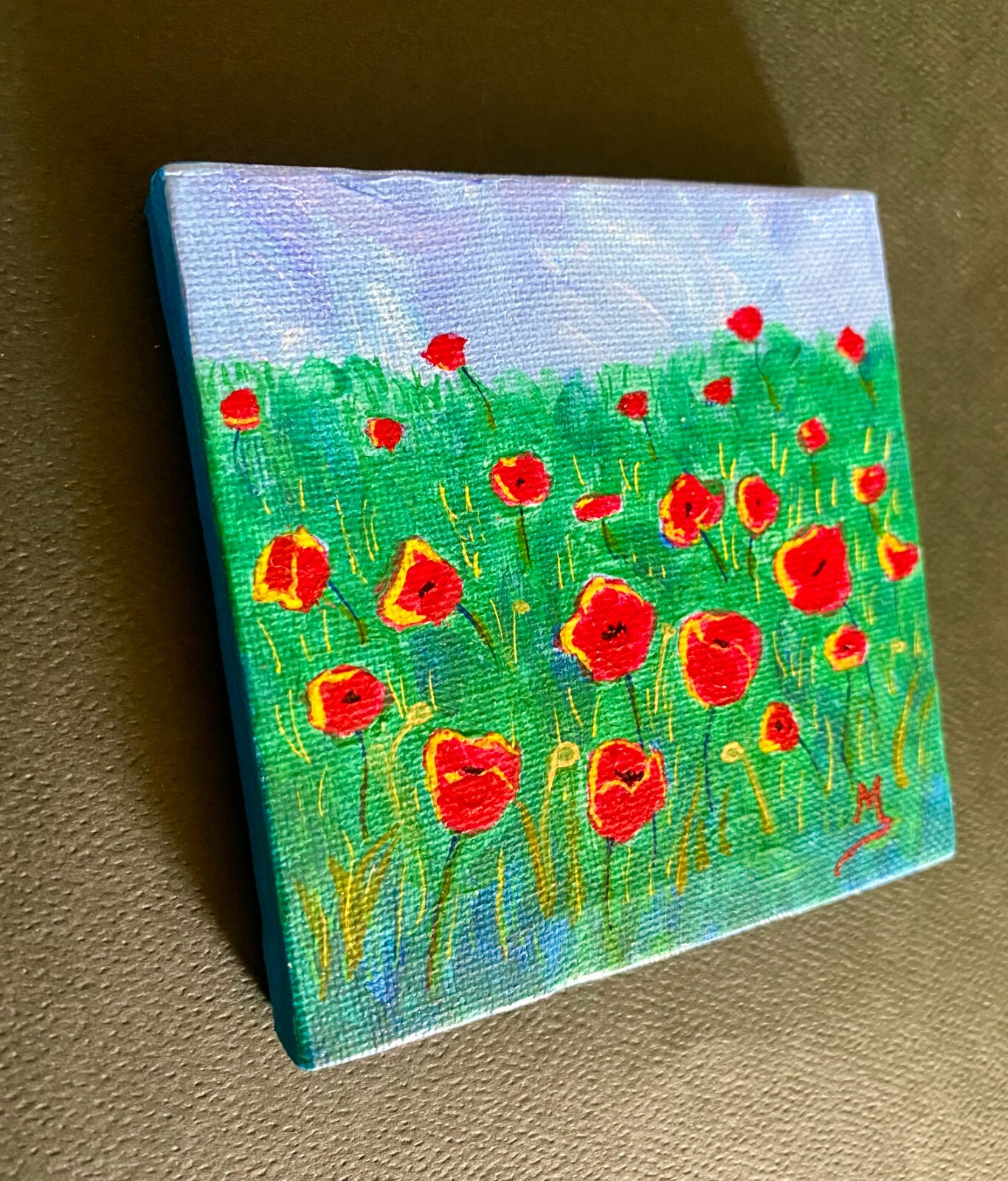 Poppies Painting, Poppies Field Mini Painting on Canvas Art, Gift for Her 4″x4″