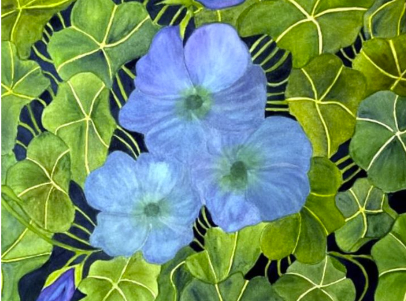PAINTING WATERCOLOR 11X14 & DOUBLE MAT 16X20 FLOWER PETUNIA BLUE PURPLE ORIGINAL